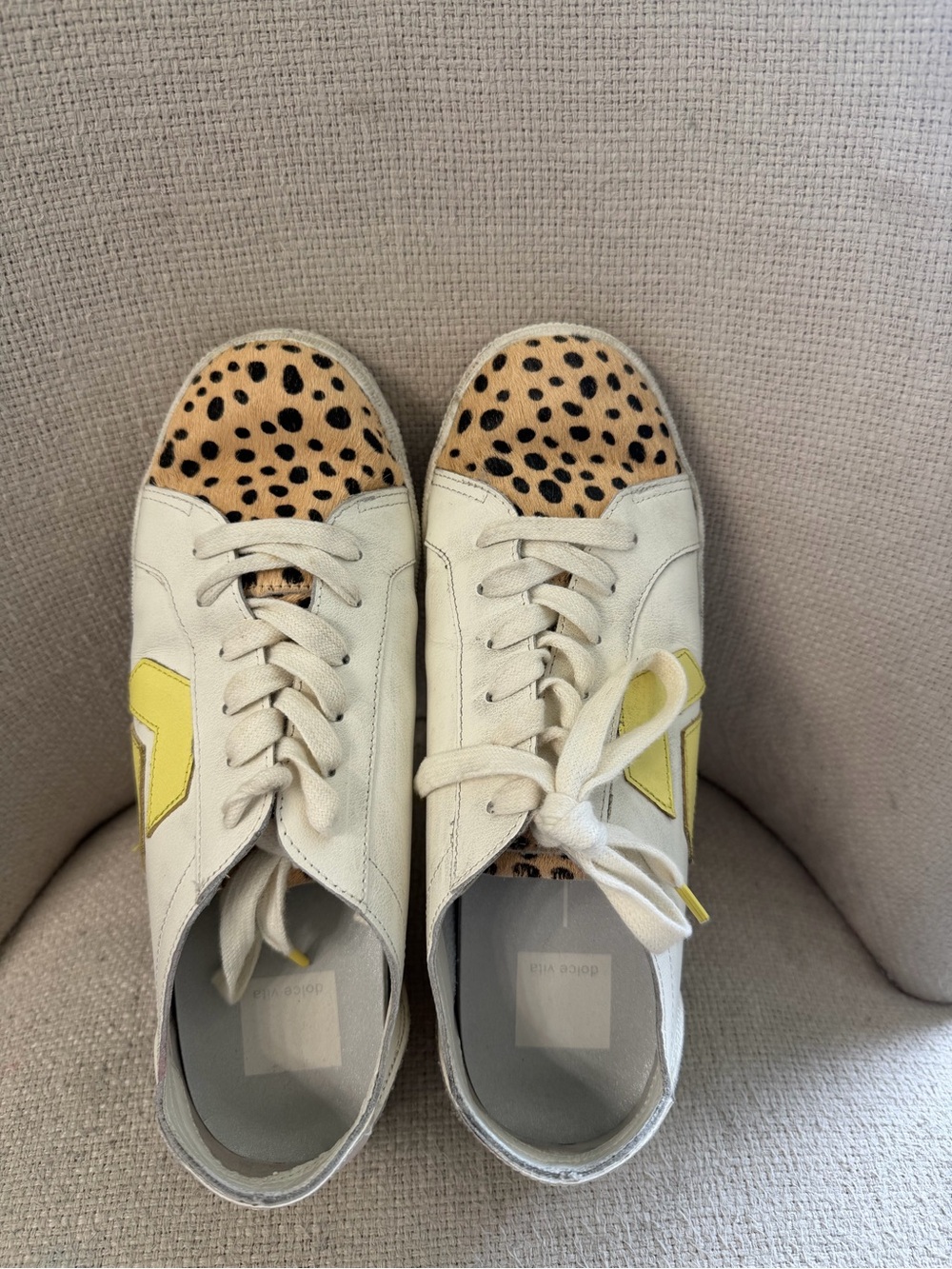 Dolce Vita Women’s White Leather Sneakers with Yellow Accent & Cheetah Print Toe
